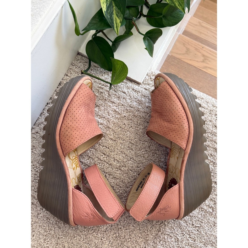 Fly London YAKE Wedge Sandals Women Dusty Rose Perforated Leather Platform 7-7.5